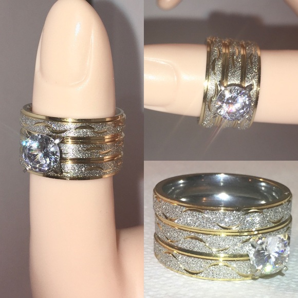 ⚜️ Two Tone Frosted Steel 3 Band Wedding Ring Set - Picture 7 of 13